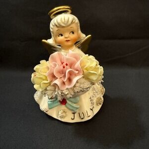 Vintage Lefton July Birthday Angel Figurine Water Lily Ruby 489 Japan Ceramic